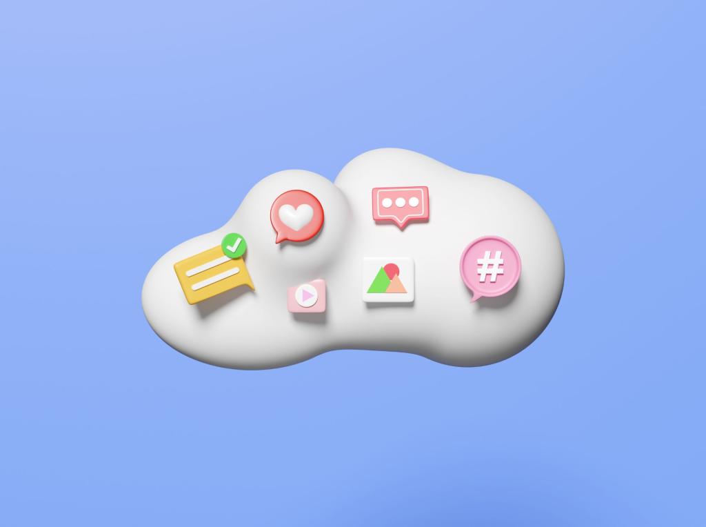 render 3d de nuvem com vários ícones de redes sociais