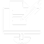 icone de ecrã de computador com desenho de folha de papel e caneta ilustrativo da ideia de criação de conteúdo escrito e copywrite